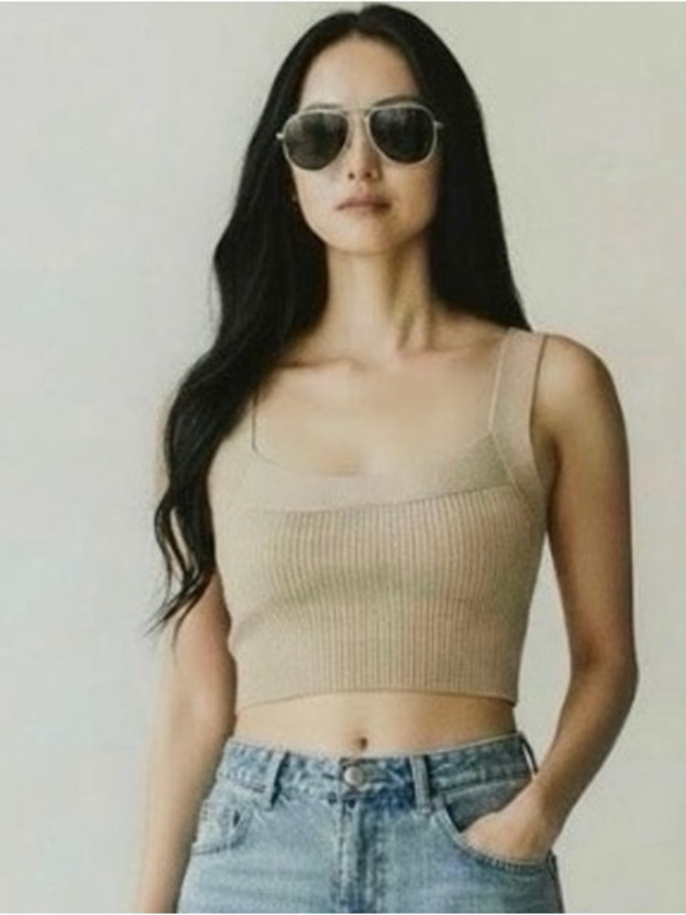 House of Harlow 1960 Size LARGE Wide Criss Cross Strap Tan Ribbed Knit Crop Top